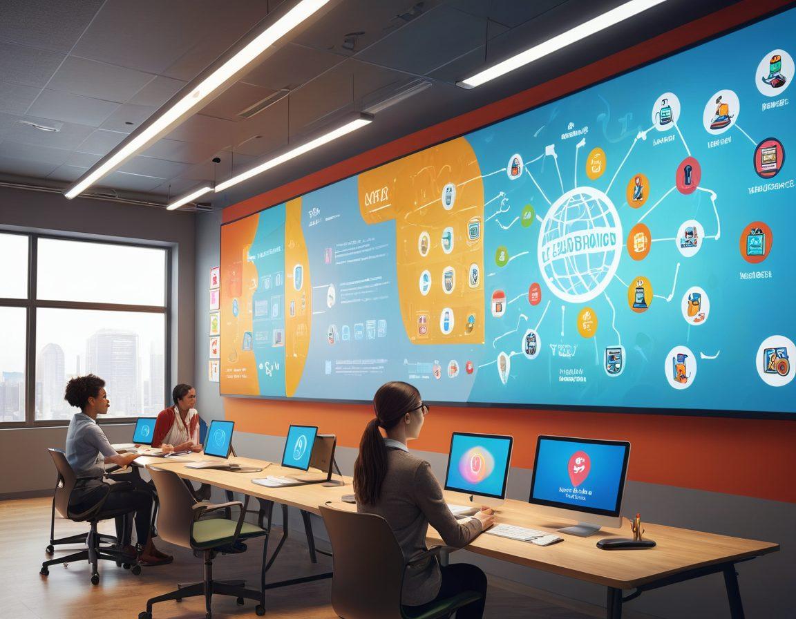 A modern digital classroom filled with diverse students engaging with advanced technology, featuring interactive screens displaying educational content. A mentor figure guiding them, surrounded by floating icons representing various e-learning tools. Bright and inviting atmosphere with elements of creativity and collaboration. super-realistic. vibrant colors. 3D.