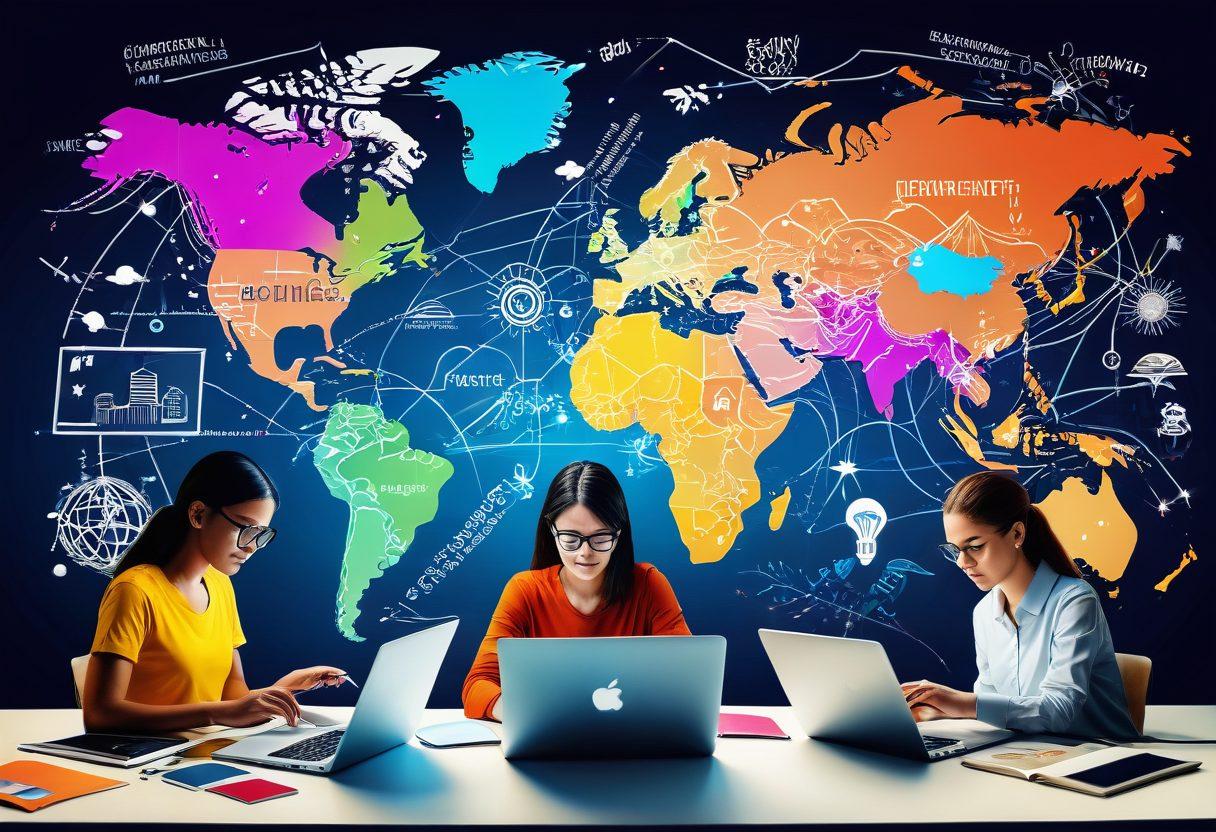 A vibrant digital collage showcasing diverse students engaged in online learning through various devices like laptops and tablets. Capture the essence of knowledge exchange with visual elements like books, lightbulbs, and mind maps floating around them. Highlight a global connection by depicting a world map and communication lines between different countries. A lively, modern workspace background enhances the scene, representing the future of education. colorful vector art. bright colors.