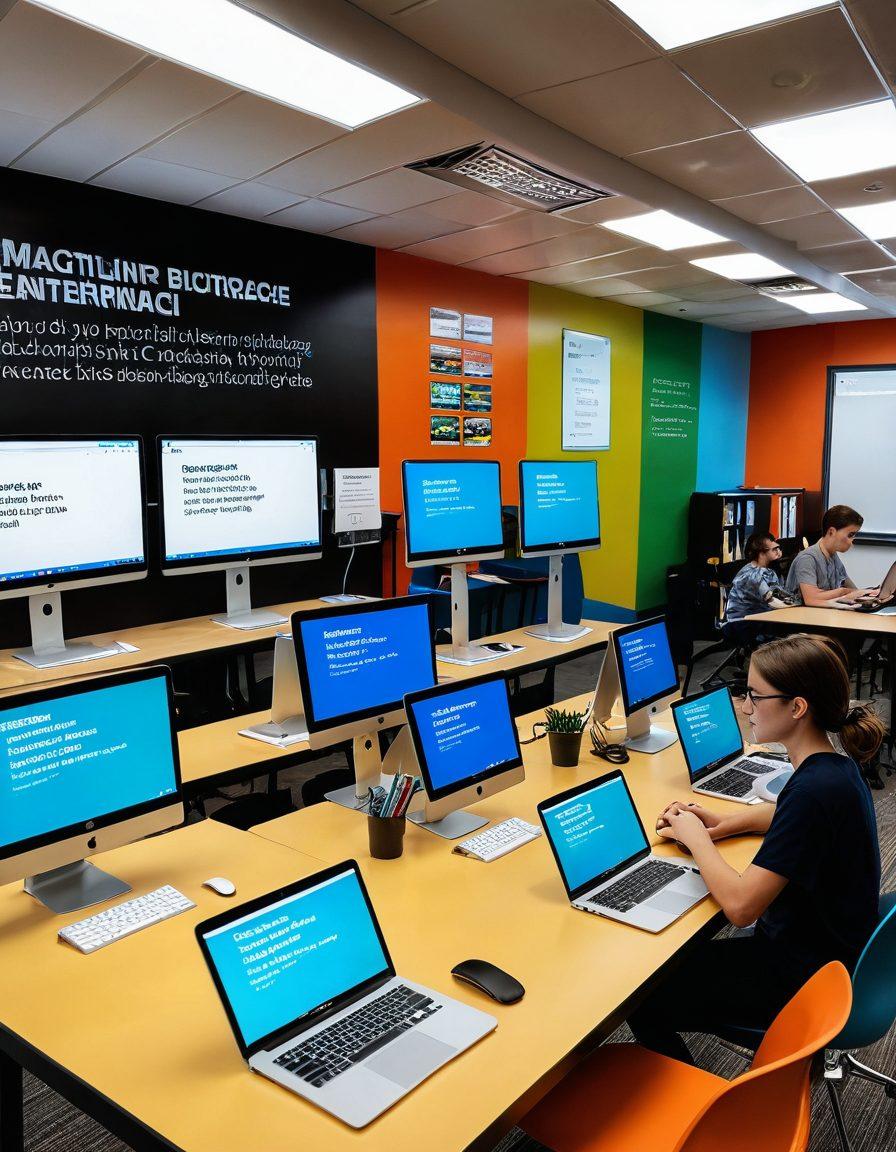 A modern workspace featuring a diverse group of students engaged in online learning, surrounded by laptops, books, and educational tools. Vibrant screens display various online learning platforms and expert webinars. The atmosphere is inspiring, with motivational quotes on walls and a bright, inviting color scheme. Include elements of technology and connectivity to symbolize the digital learning experience. super-realistic. vibrant colors. clean background.
